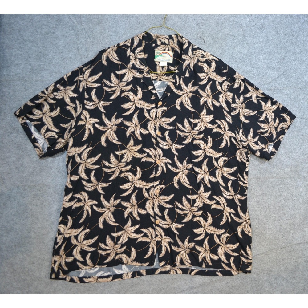 VTG Paradise Found Shirt Mens 2XL Black Palm Leaf Hawaiian Rayon Short Sleeve